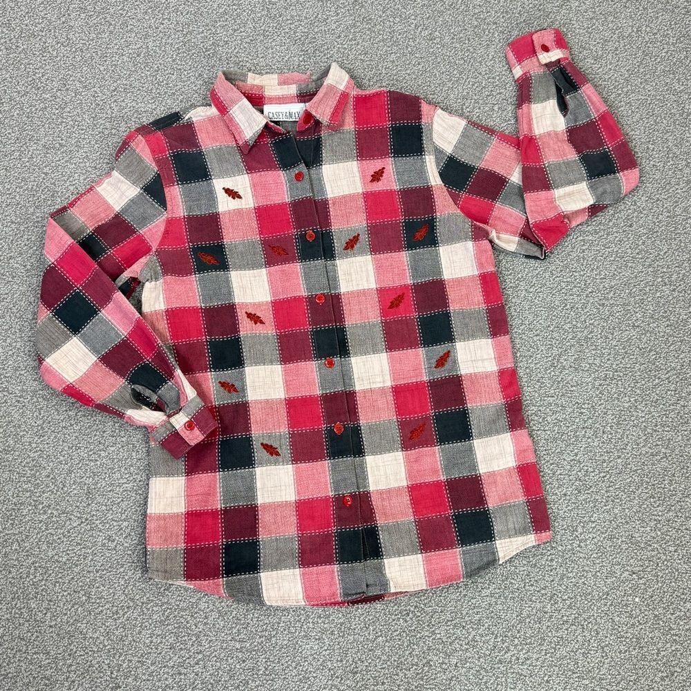 Casey & Max Embroidered Leaves Patchwork Buffalo Check Button Front Shirt Medium